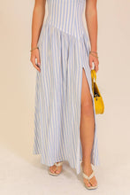 Striped Strapless Side Slit Maxi Dress in Soft Blue