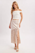 ROMANTIC SATIN LACE TRIMMED SPLIT MIDI SKIRT in OATMEAL