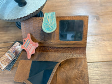 Turquoise Tooled Leather Wallet Western Floral Bifold Wallet with Snap Closure