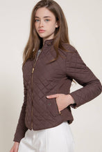 Suede Piping Detail Rib Quilted Padded Jacket in Chocolate