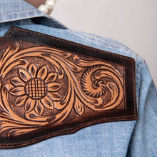 Turquoise Fever Genuine Tooled Leather Accent Pearl Snap Denim Top