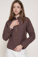 Suede Piping Detail Rib Quilted Padded Jacket in Chocolate