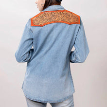 Tennessee Whiskey Genuine Tooled Leather Accent Pearl Snap Denim Top