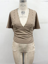 Studded Plunge Ruched Top in Taupe