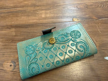 Turquoise Tooled Leather Wallet Western Floral Bifold Wallet with Snap Closure