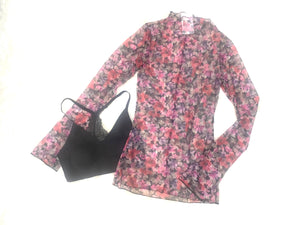 Mesh Overlay Long Sleeve Top in Floral Print