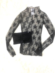 Mesh Overlay Long Sleeve Top in Black Lace