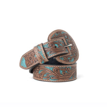Western Wreath Tooled Leather Belt in Brown with Turquoise