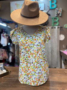 Spring Floral Ruffle Sleeve Top