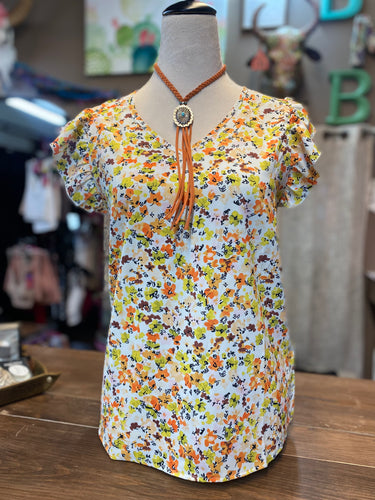 Spring Floral Ruffle Sleeve Top