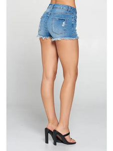 Medium Wash - Five Button Front Denim Shorts