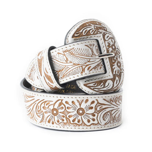 Talon Tooled Leather Belt in White