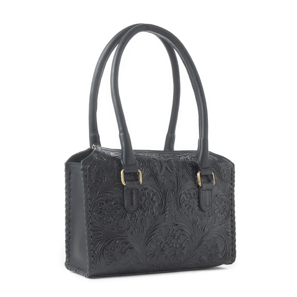 Midnight Grace Handtooled Leather Bag In Onyx Black