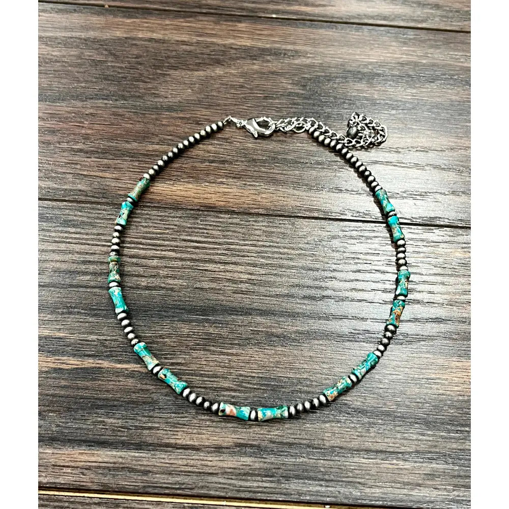 Handmade Turquoise-ish Rondelle Stone and Navajo Bead Necklace