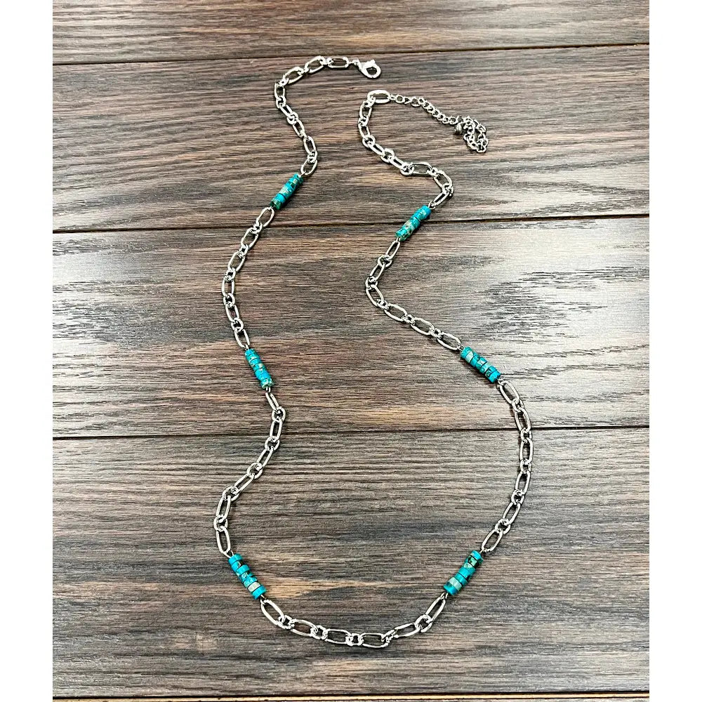 Turquoise-ish Rondelle Stone and Link Necklace