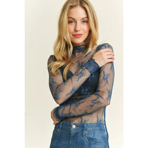 Mesh Overlay Long Sleeve Top in Teal