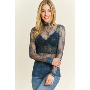 Mesh Overlay Long Sleeve Top in Teal
