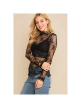 Mesh Overlay Long Sleeve Top in Black Lace