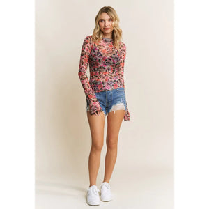 Mesh Overlay Long Sleeve Top in Floral Print