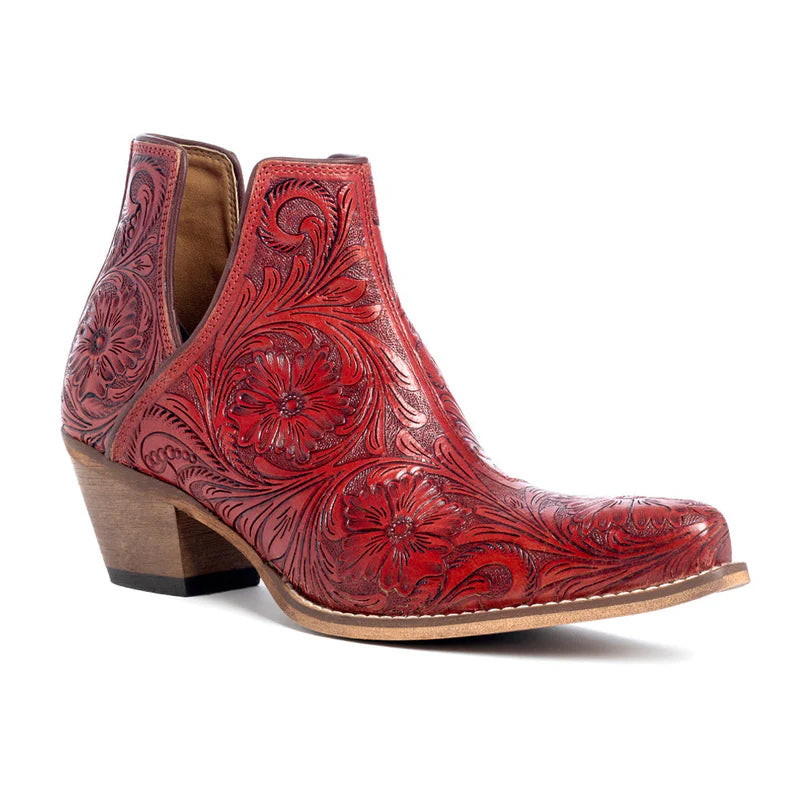 Western Hand-Tooled Booties In Scarlet