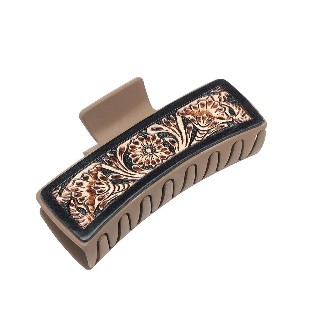 Tooled Leather Accent Sandstone Hair Claw Clip