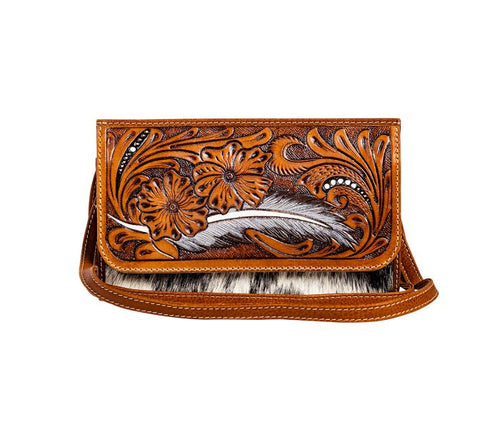 Feather Point Tooled Leather & Cowhide Mini Bag