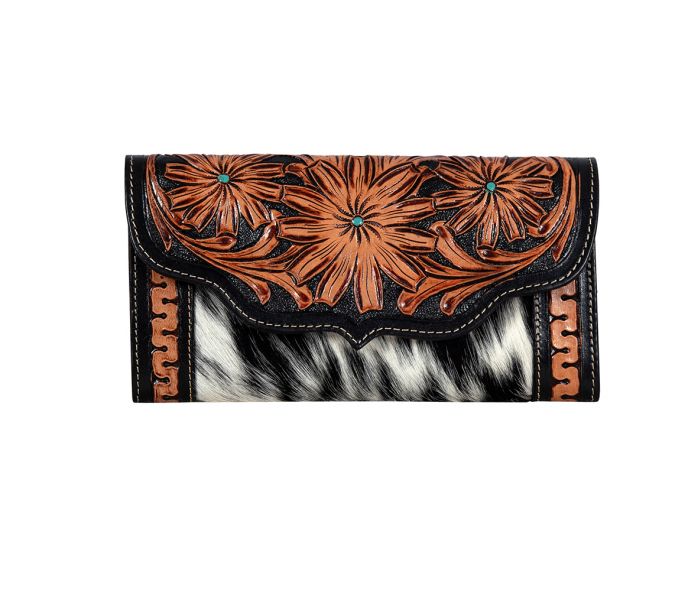 Longhorn Ridge Hand Tooled Leather & Cowhide Wallet