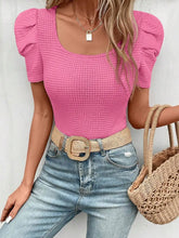Waffle Ruched Puff Sleeve Top