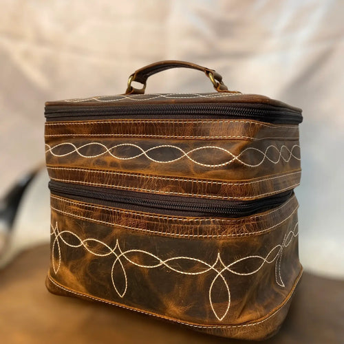 Rustic Leather Bootstitch Makeup Bag