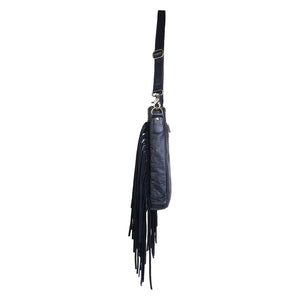 Black Croco Leather Fringed Women Crossbody