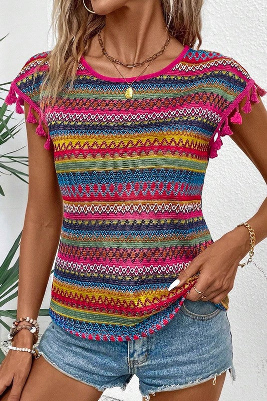 The Textured Tassel Sleeve Boho Top