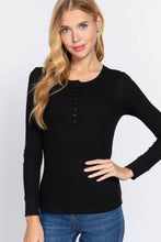 Long Sleeve Henley Thermal Knit Top  in Black
