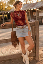 Floral Flocked Mesh Lettuce Trim Top in Burgundy