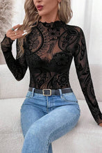Paisley Printed Mesh Long Sleeve Top in Black
