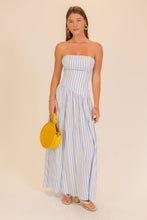 Striped Strapless Side Slit Maxi Dress in Soft Blue