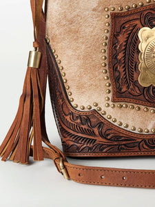 Natural Cowhide & Genuine Tooled Leather Women Crossbody Conceal Carry Purse