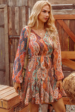 Boho Paisley Long Sleeve Pleated Belted Mini Dress