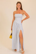 Striped Strapless Side Slit Maxi Dress in Soft Blue