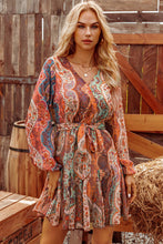 Boho Paisley Long Sleeve Pleated Belted Mini Dress