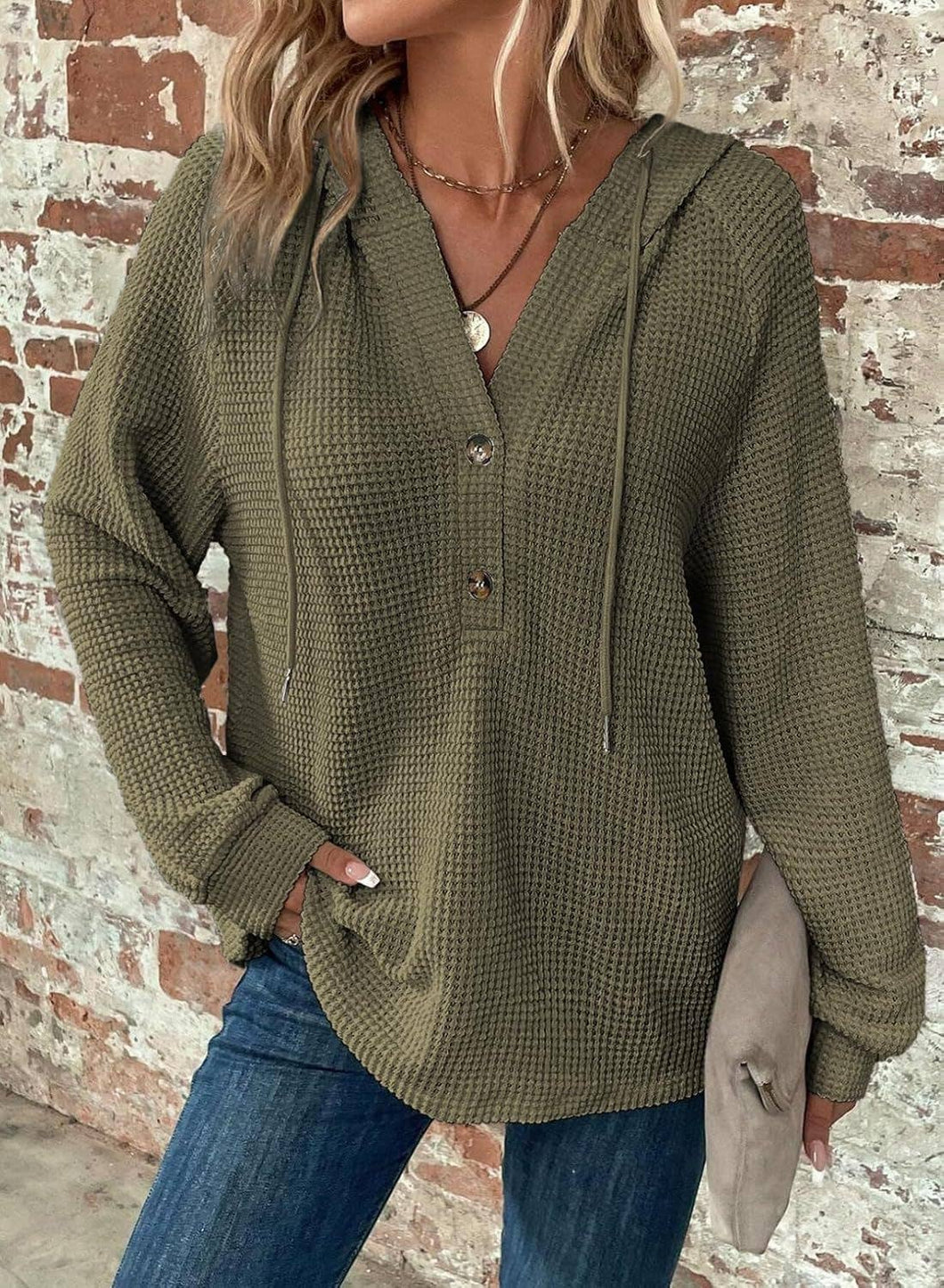 Olive-You-A lot Long-sleeve drawstring waffle Shirt