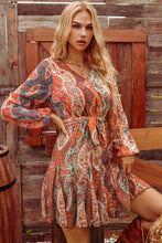 Boho Paisley Long Sleeve Pleated Belted Mini Dress