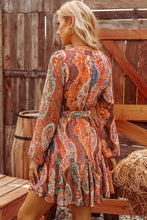 Boho Paisley Long Sleeve Pleated Belted Mini Dress