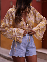 Ruffle frilled Floral button blouse long flare sleeve