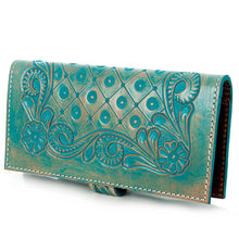 Turquoise Tooled Leather Wallet Western Floral Bifold Wallet with Snap Closure
