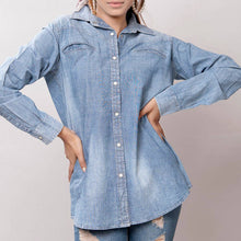 Turquoise Fever Genuine Tooled Leather Accent Pearl Snap Denim Top