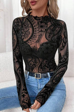 Paisley Printed Mesh Long Sleeve Top in Black