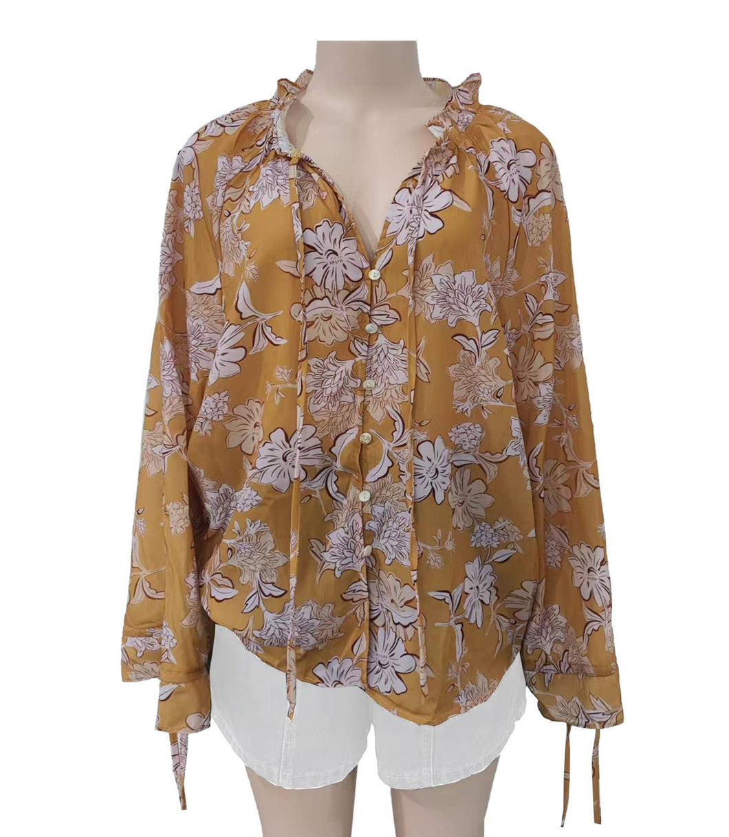 Ruffle frilled Floral button blouse long flare sleeve