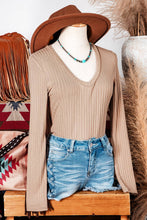 Ribbed Knit V Neck Long Sleeve Slim Fit Top