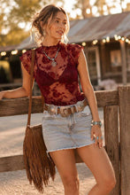 Floral Flocked Mesh Lettuce Trim Top in Burgundy