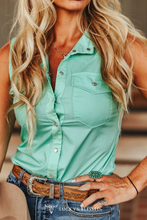 Mint Pearl Snap Sleeveless Button Down Western Yoke Shirt XL-3XL